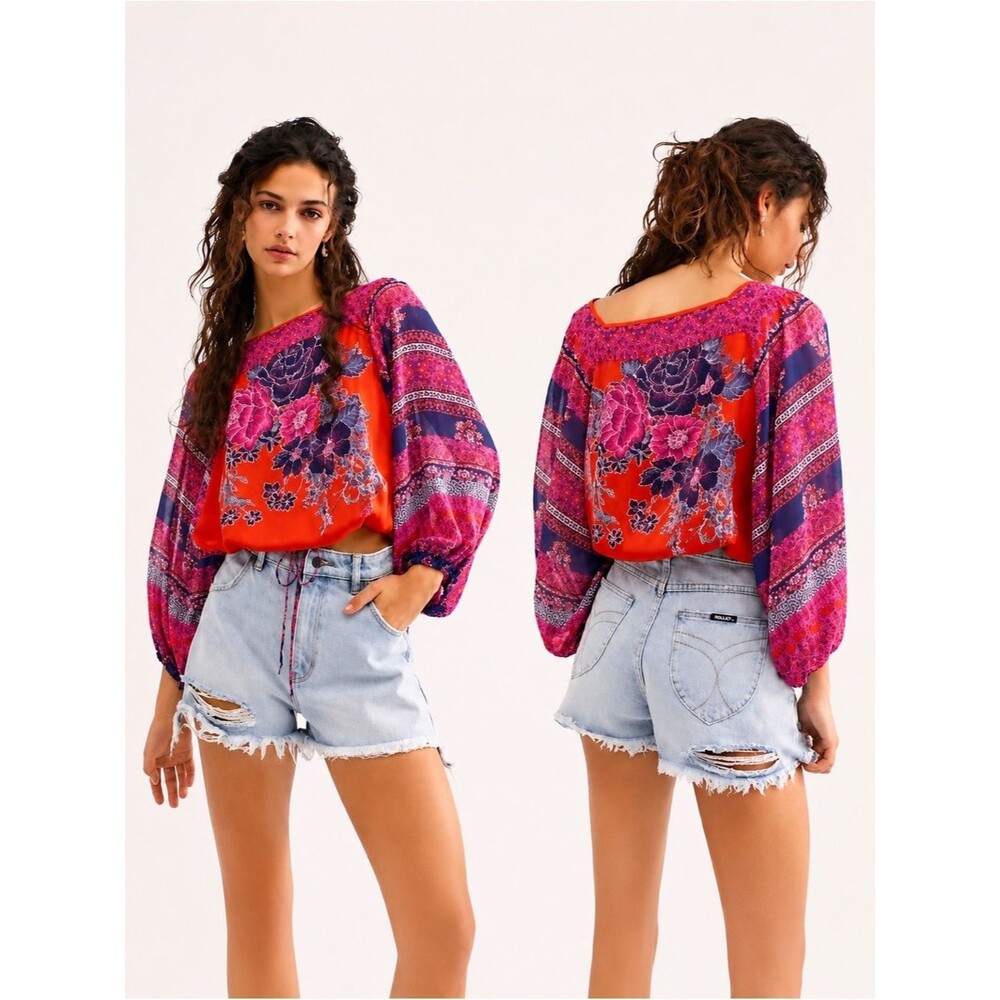 Free People Blue Nile Printed Top Pop Combo Boho Balloon Sleeve Blouse Size S